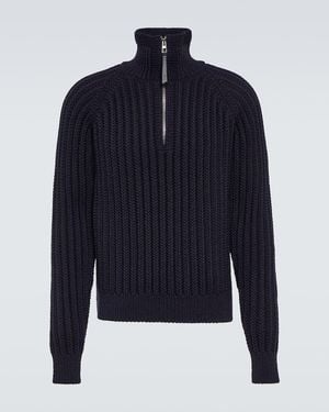Loewe Ribbed-Knit Wool Half-Zip Sweater - Blue