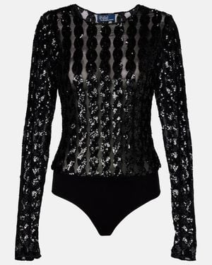 Polo Ralph Lauren Sequined Mesh And Jersey Bodysuit - Black
