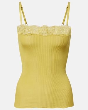 Saint Laurent Lace-Trimmed Ribbed-Knit Silk Camisole - Yellow