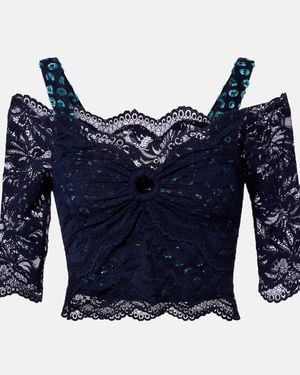 Rabanne Crop Top Trompe L'Oil De Encaje Y Terciopelo - Azul