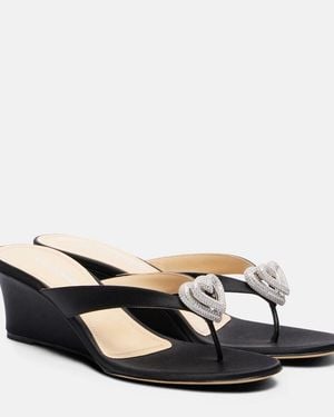 Mach & Mach Double Heart Satin Wedge Thong Sandals - Black