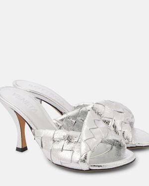 Bottega Veneta Blink Intrecciato 80 Metallic Leather Mules - White