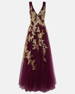 Costarellos Floral Applique Tulle Gown - Purple