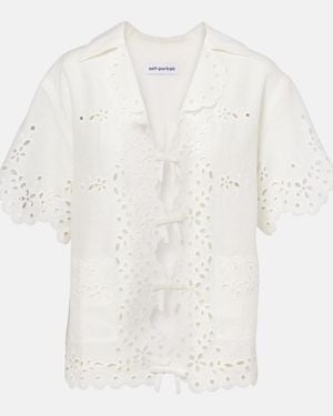 Self-Portrait Embroidered Cutout Linen And Cotton Top - White