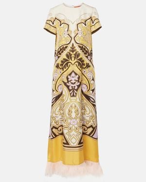 La DoubleJ Printed Feather-Trimmed Silk Maxi Dress - Metallic