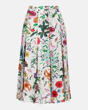 Gucci Flora Pleated Silk Midi Skirt - White