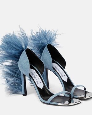 Area X Sergio Rossi Amazona Feather-Trimmed Denim Sandals - Blue