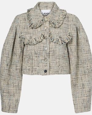 Ganni Cropped Cotton Tweed Jacket - Blue