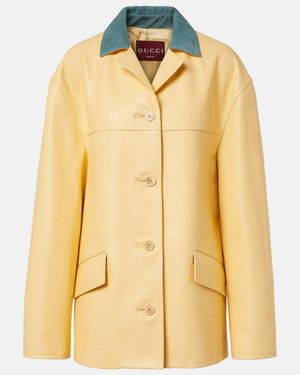 Gucci Logo Corduroy-Trimmed Leather Jacket - Yellow
