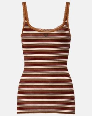 Prada Lace-Trimmed Striped Cotton Tank Top - Red