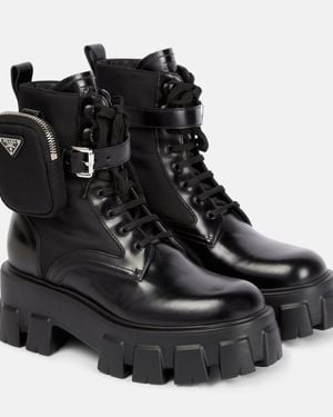 Prada Monolith Lace-Up Boots With Pouch - Black