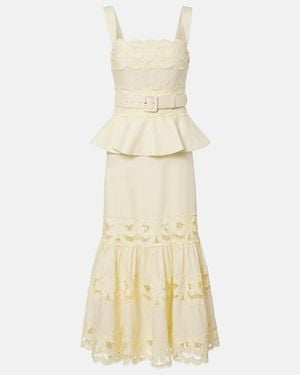Self-Portrait Belted Crochet-Trimmed Linen And Cotton Midi Dress - Natural
