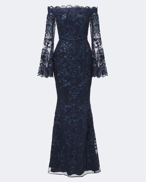Elie Saab Sequined Off-Shoulder Lace Bustier Gown - Blue