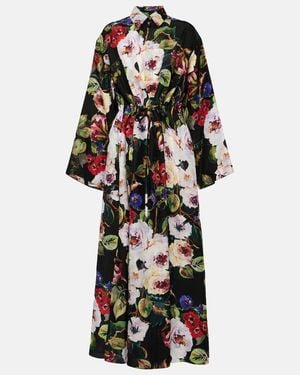 Dolce & Gabbana Floral Silk Satin Shirt Dress - Black