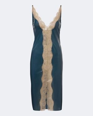 Saint Laurent Lace-Trimmed Silk Midi Dress - Blue