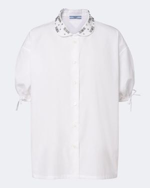 Prada Camisa De Popelin Con Cristales - Blanco
