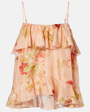 Zimmermann Roselight Floral Ruffled Silk Camisole - Pink