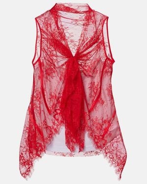 JACQUES WEI Tie-Neck Silk-Trimmed Lace Top - Red
