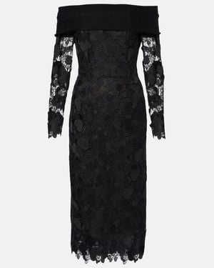 Oscar de la Renta Orchid Floral Guipure Midi Dress - Black
