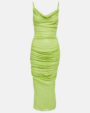 Self-Portrait Beaded Ruched Mesh Midi Dress - Green
