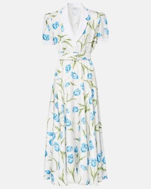Rodarte Belted Floral Silk Twill Midi Dress - Blue