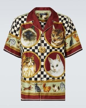 Dolce & Gabbana Cat Print Short Sleeved Silk Shirt - Red