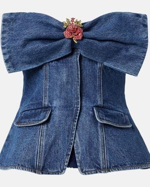Self-Portrait Embellished Strapless Denim Top - Blue