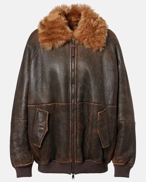 Brunello Cucinelli Monili Shearling-Trimmed Leather Blouson Jacket - Brown