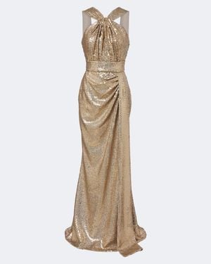 Elie Saab Draped Sequined Halterneck Gown - Natural