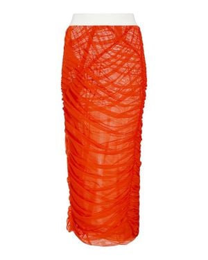 Dries Van Noten Ruched Mesh Midi Skirt - Orange