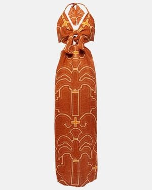 Johanna Ortiz Printed Cutout Linen Maxi Dress - Orange