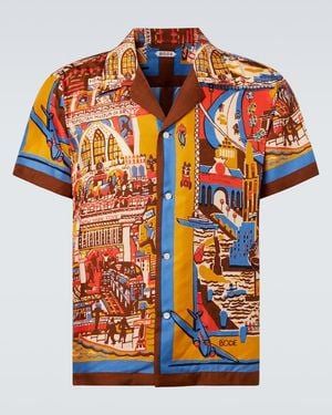 Bode Manhattan Island Printed Silk Bowling Shirt - Orange