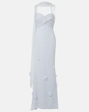 Self-Portrait Floral-Applique Silk-Detail Georgette Gown - White