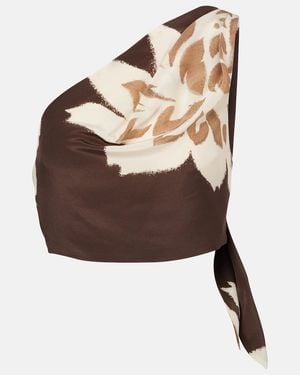 SIR. Floral One-Shoulder Silk Satin Top - Brown