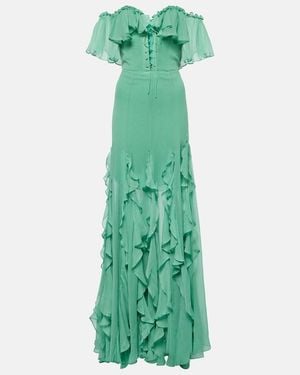 Costarellos Off-Shoulder Corset Silk Gown - Green