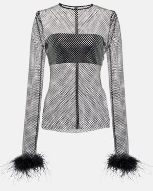 GIUSEPPE DI MORABITO Embellished Feather-Trimmed Net Top - Grey