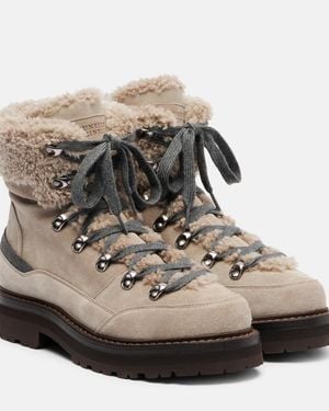 Brunello Cucinelli Shearling-Trimmed Suede Lace-Up Boots - Gray