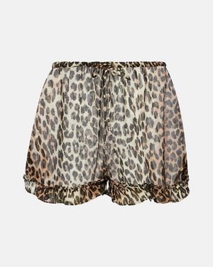 Ganni Leopard-Print Ruffled Chiffon Shorts - Yellow