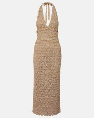 Valentino Open-Knit Linen-Blend Lame Midi Dress - Natural
