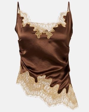 JACQUES WEI Lace-Trimmed Draped Satin Camisole - Brown