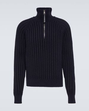 Loewe Ribbed-Knit Wool Half-Zip Jumper - Blue