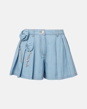 Area Floral-Applique Denim Shorts - Blue