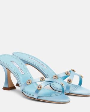 Manolo Blahnik Pyrenea Embellished Satin Mules - Blue