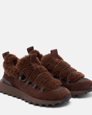 Brunello Cucinelli Monili Shearling-Trimmed Suede Sneakers - Brown