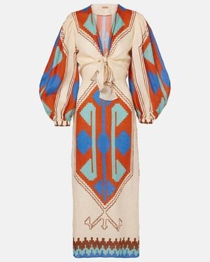 Johanna Ortiz Printed Tie-Detail Linen Midi Dress - Orange