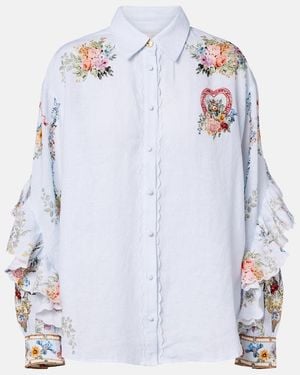 CAMILLA Floral Ruffled Linen Shirt - Blue