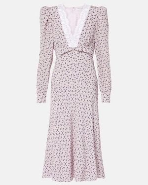 Alessandra Rich Floral Lace-Trimmed Silk Midi Dress - Purple