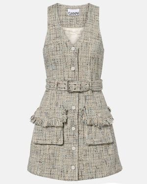 Ganni Belted Tweed Minidress - Grey