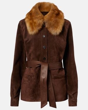 Saint Laurent Belted Shearling-Trimmed Suede Jacket - Brown