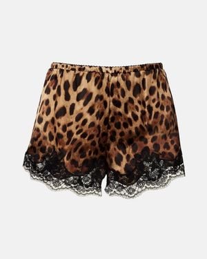 Dolce & Gabbana Shorts En Mezcla De Seda Estampados Con Encaje - Marrón